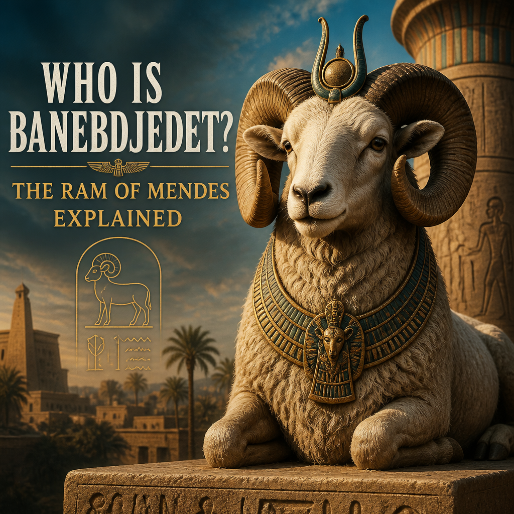 Ancient Egyptian Ram of Mendes statue with text explaining Banebdjedet’s symbolism and sacred kingship