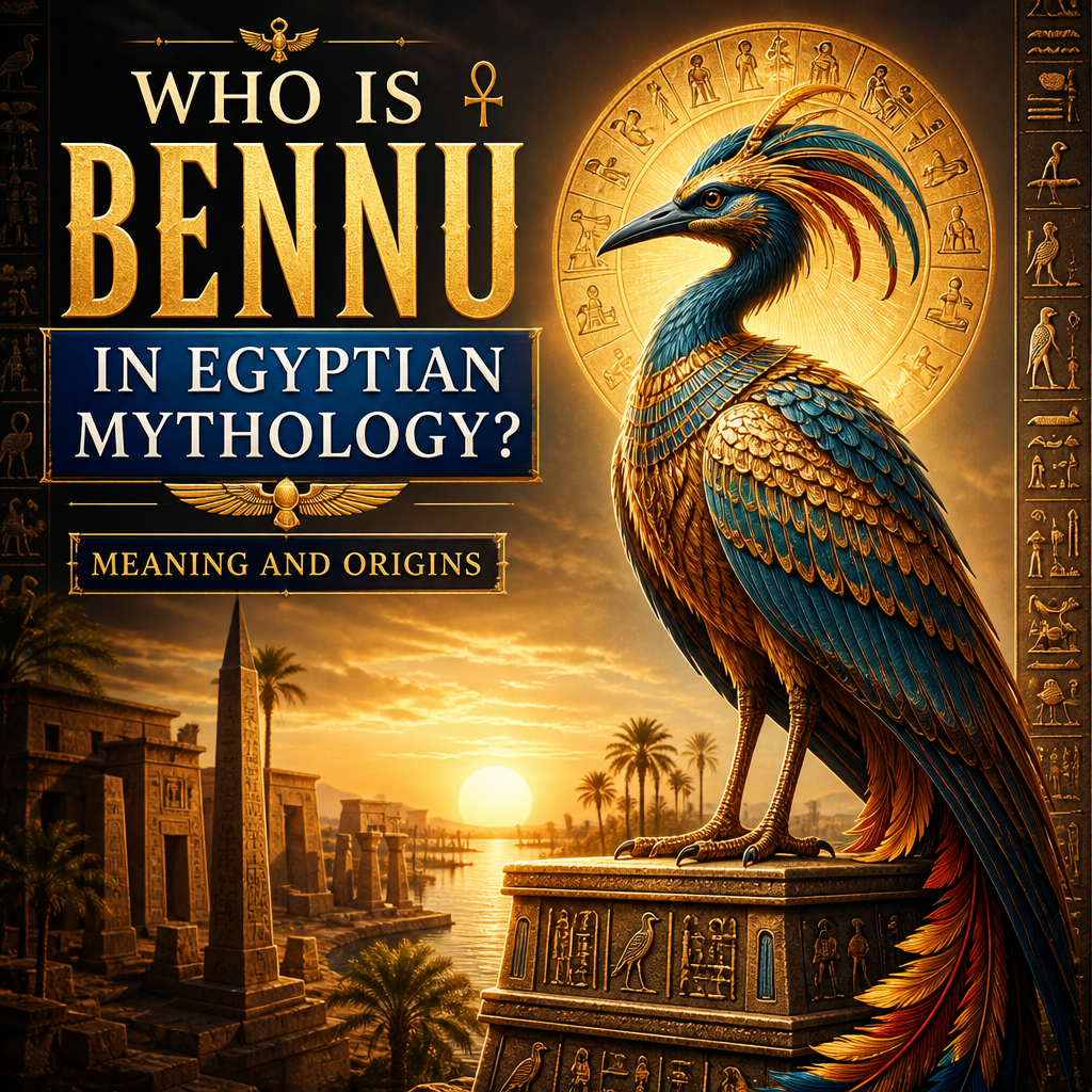 Bennu bird in Egyptian mythology with an ancient temple and sunset background
