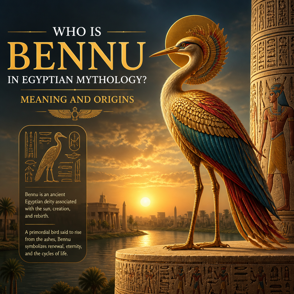 Bennu in Egyptian mythology, a sacred bird symbolizing creation, sunlight, rebirth, and ancient origins
