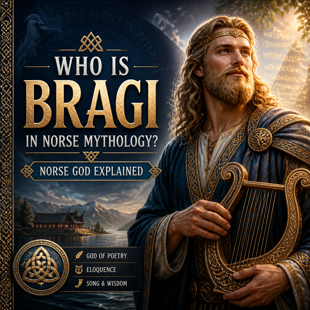 Bragi in Norse mythology, god of poetry and wisdom, shown with symbols of song and storytelling