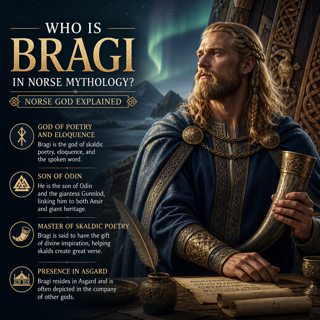 Bragi in Norse mythology, god of poetry and eloquence, shown with key facts on Norse tradition