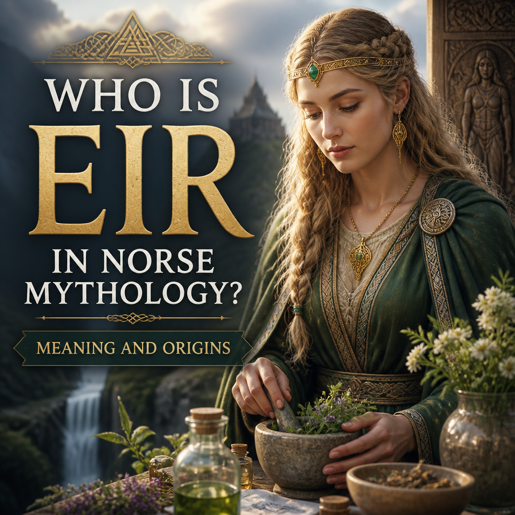 Illustration of Eir in Norse mythology, a compassionate Norse healing figure with meaning and origins explained