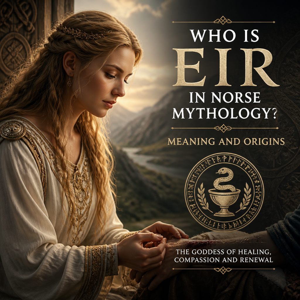 Eir in Norse mythology, goddess of healing and compassion, illustrated with meaning and origins text