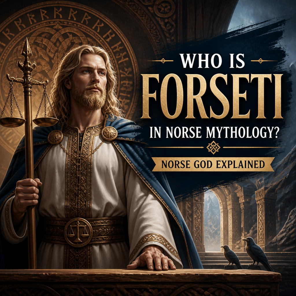 Forseti in Norse mythology, god of justice, shown with a mythological background and explanatory text