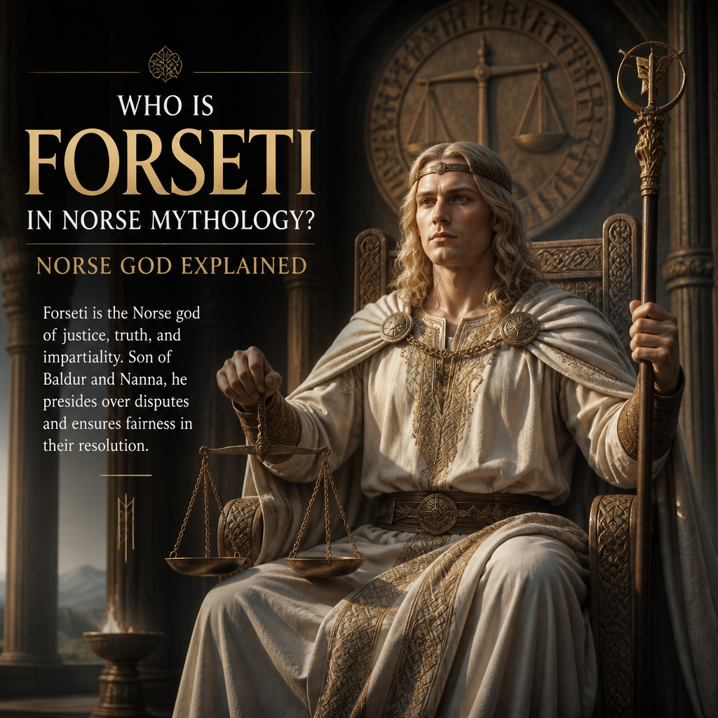 Forseti in Norse mythology holding scales and a staff as god of justice and fairness