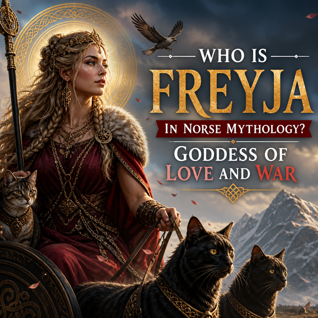 Freyja in Norse mythology with cats and a falcon in a mythological setting