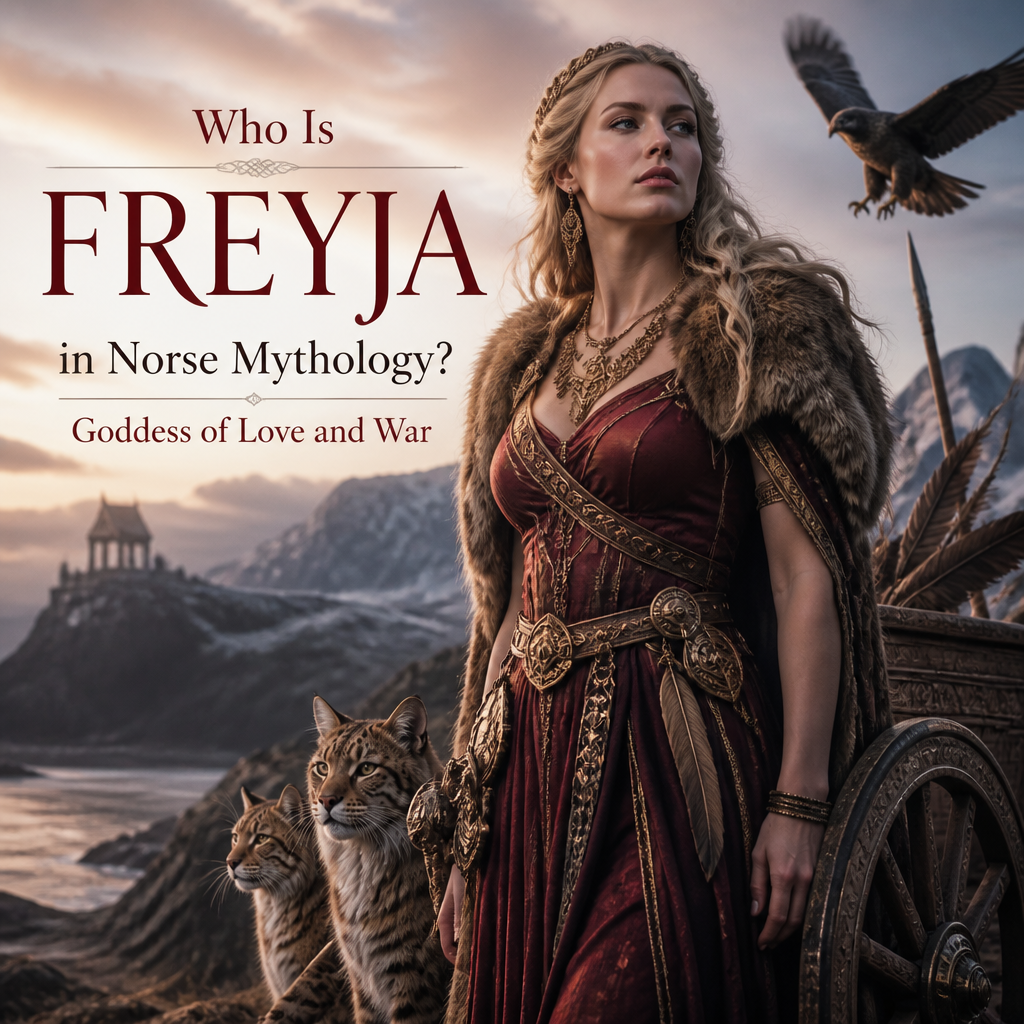 Freyja in Norse mythology with cats and a falcon in a dramatic mythological scene