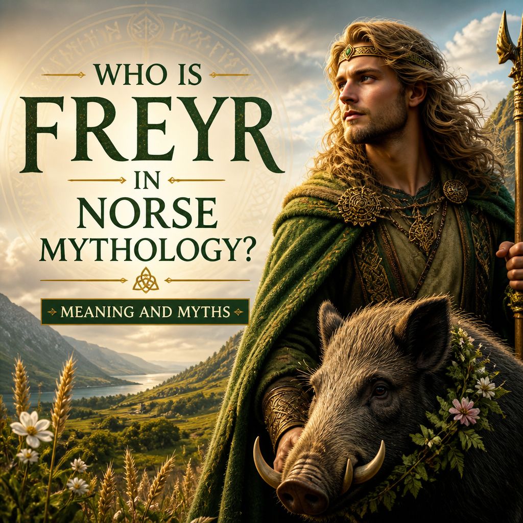 Freyr in Norse mythology with a boar in a mythic landscape, symbolizing fertility, prosperity, and sunlight