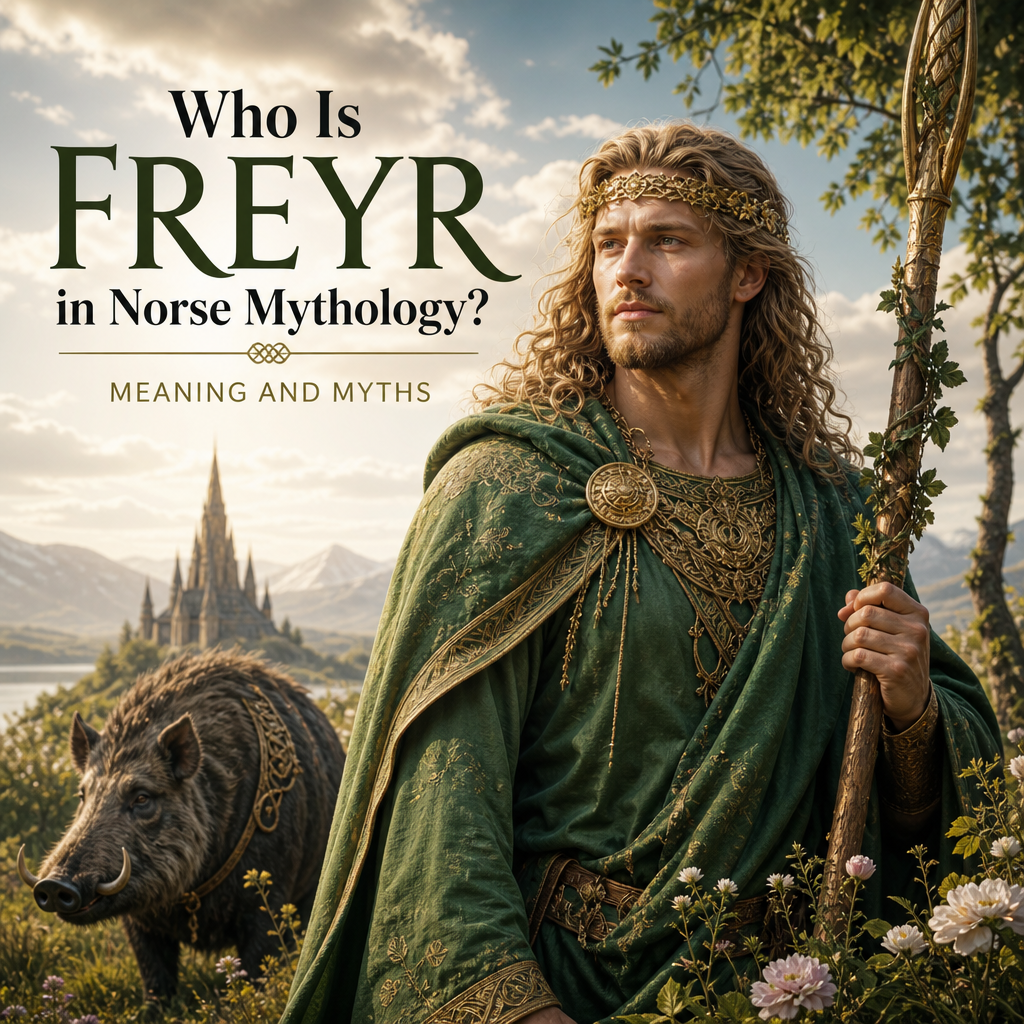 Freyr in Norse mythology with his boar before a castle, symbolizing fertility, prosperity, and peace