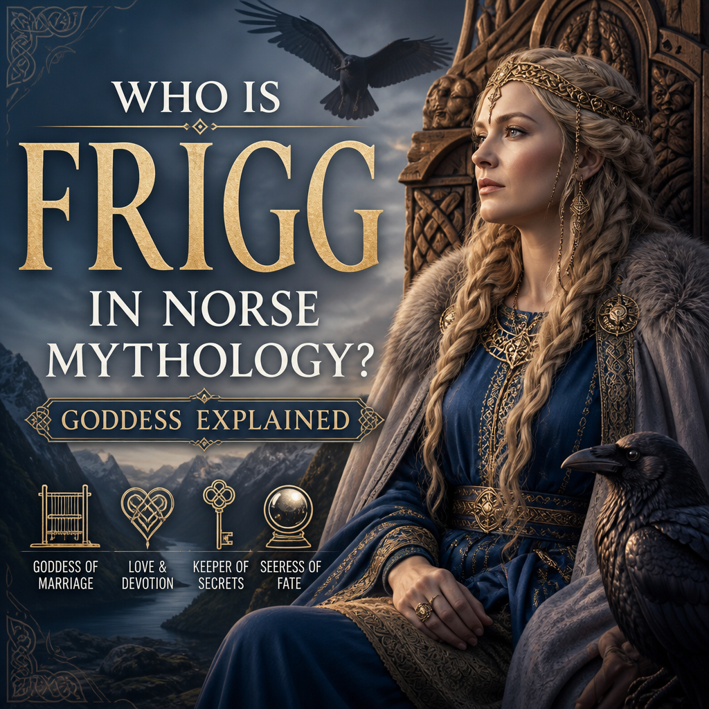 Frigg in Norse mythology, queen of the Æsir, shown with symbols of love, fate, wisdom, and divine motherhood