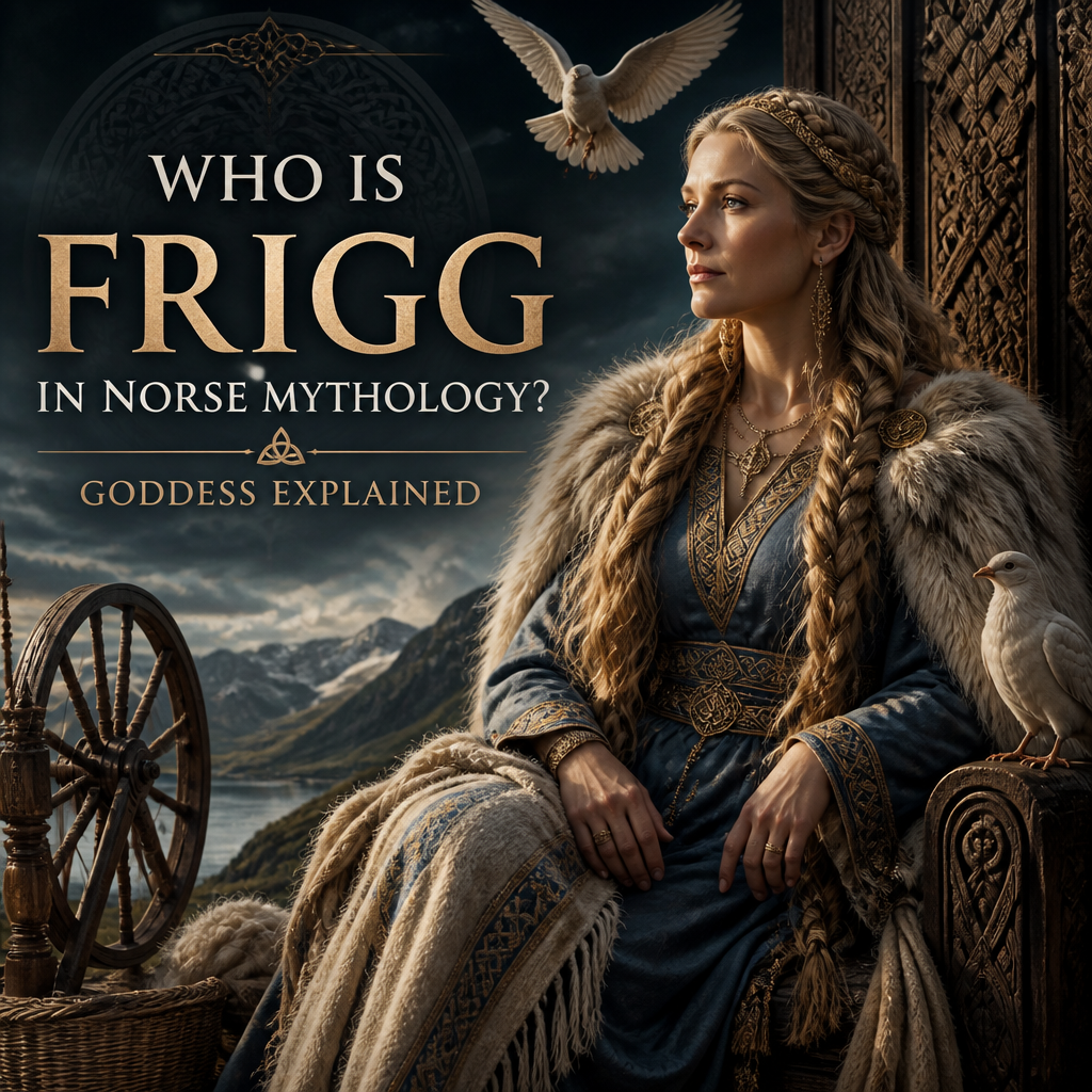 Frigg in Norse mythology, queen of the Æsir, shown with symbolic scenery and divine presence