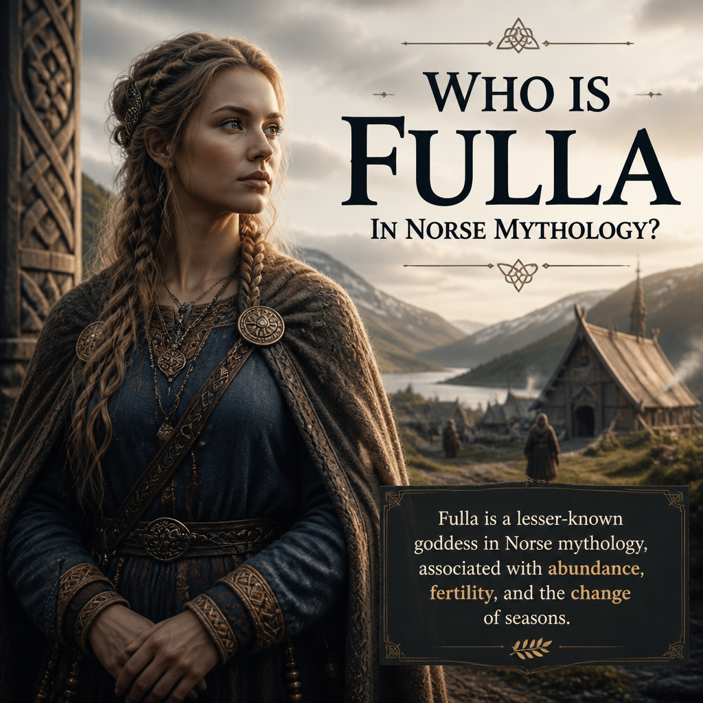 Fulla in Norse mythology, a serene goddess of abundance holding flowers in a golden Asgard setting