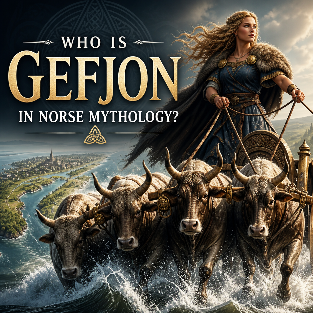 Gefjon in Norse mythology leading four oxen through water to shape the land