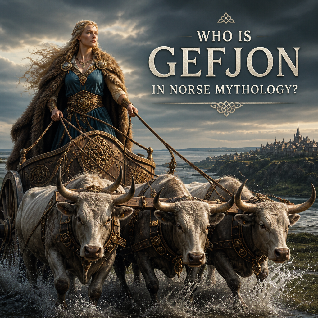 Gefjon in Norse mythology driving oxen, with title text asking who she is