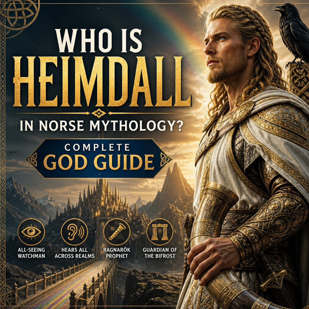 Heimdall in Norse mythology guarding the Bifrost bridge with golden horn raised