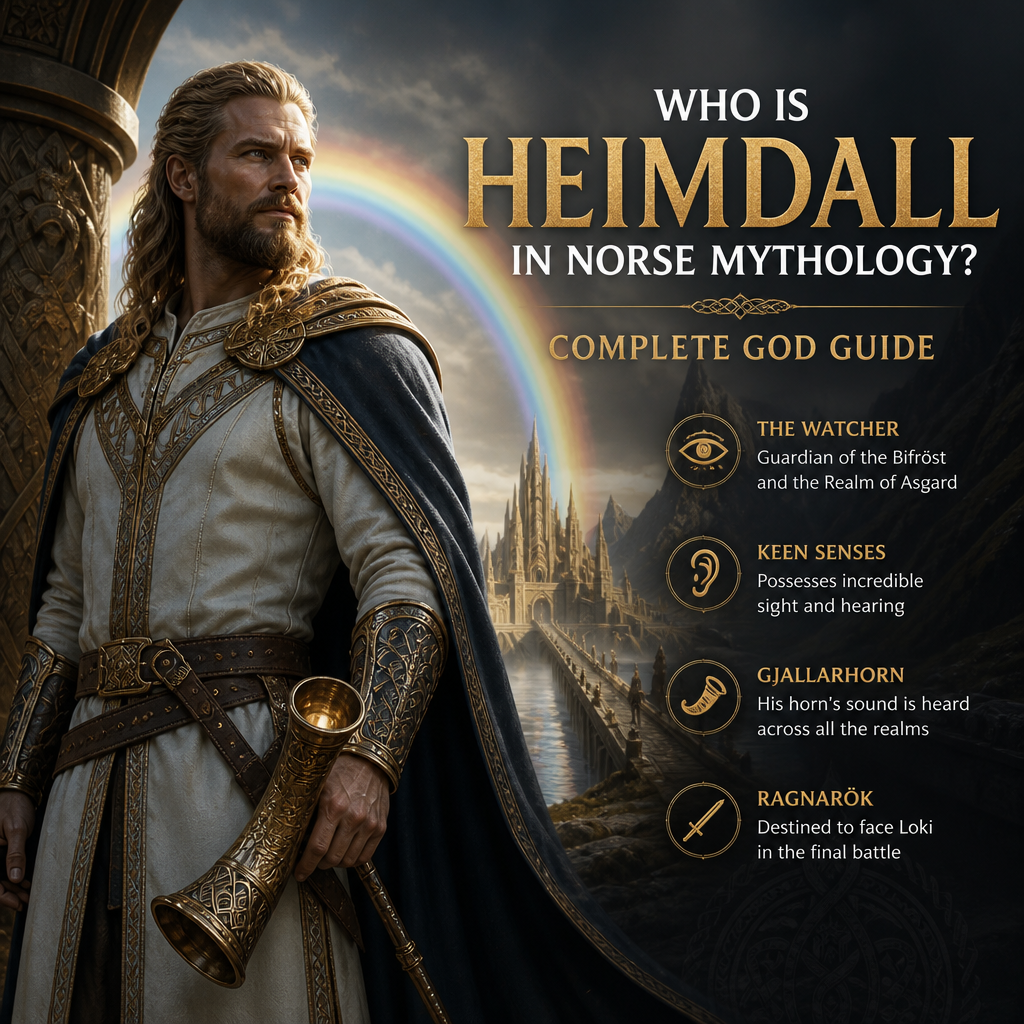 Heimdall in Norse mythology holding Gjallarhorn as the watchful guardian of Asgard before Ragnarok