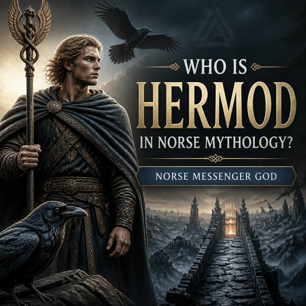 Hermod in Norse mythology with ravens in a dramatic mythological landscape