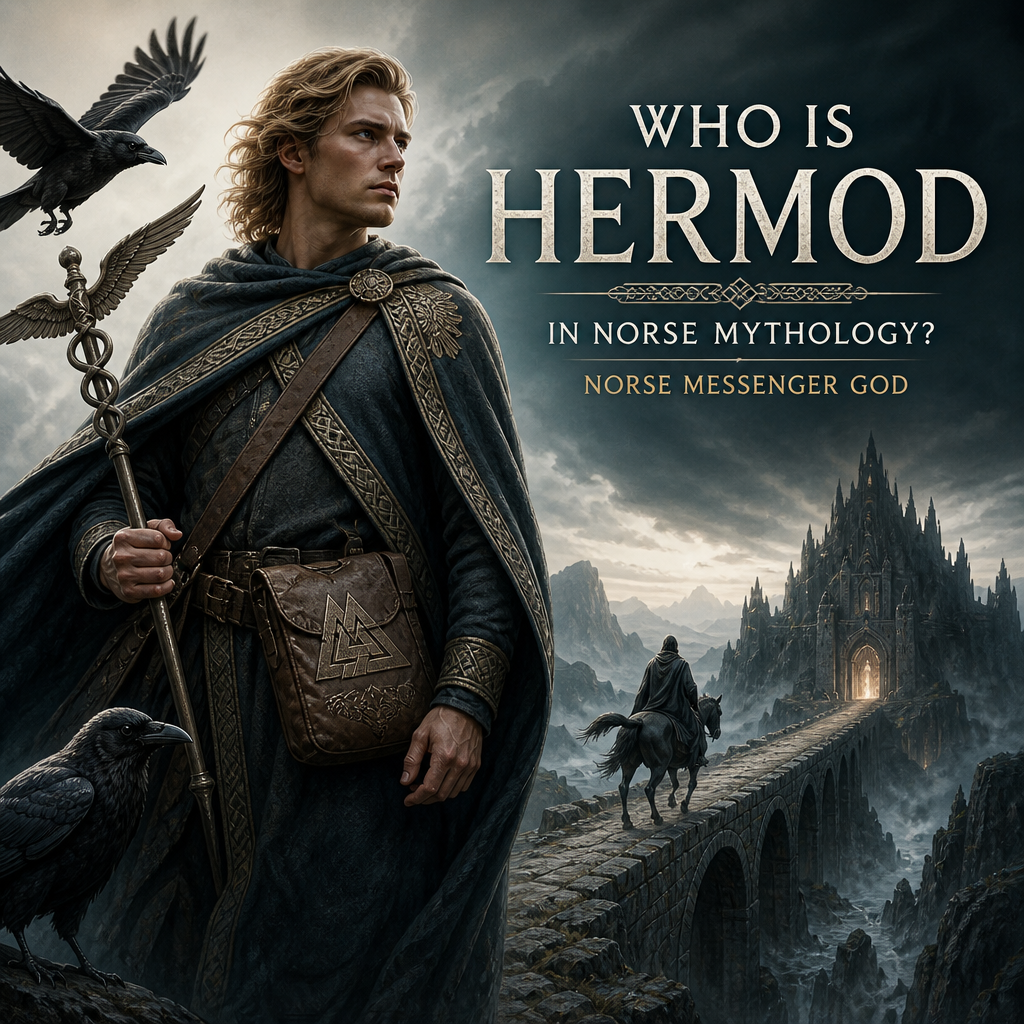 Hermod in Norse mythology, the messenger god, riding through a dramatic mythological landscape