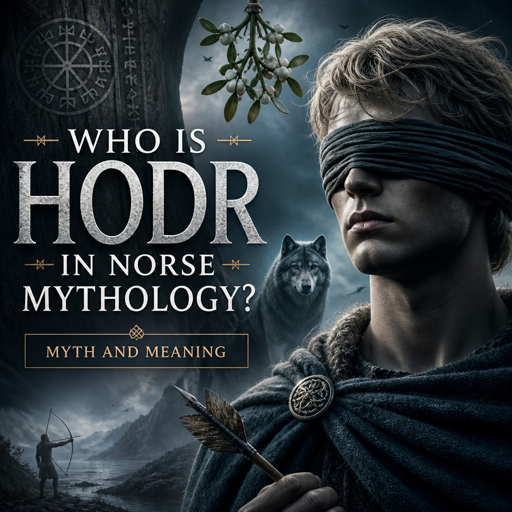 Blind god Hodr in Norse mythology, tied to Baldr’s death and the tragic fate leading to Ragnarok