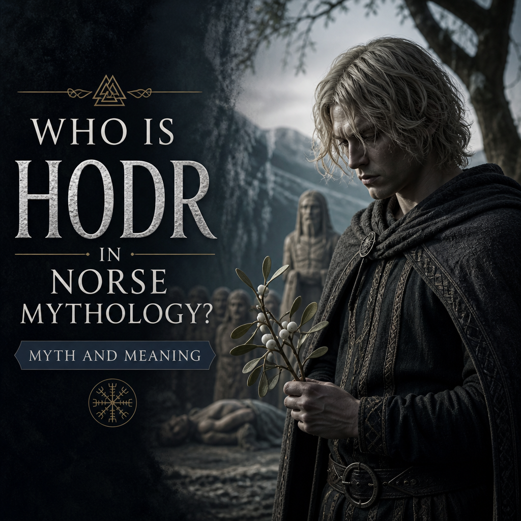 Hodr in Norse mythology, blind god holding mistletoe in a dark scene about his tragic myth and meaning