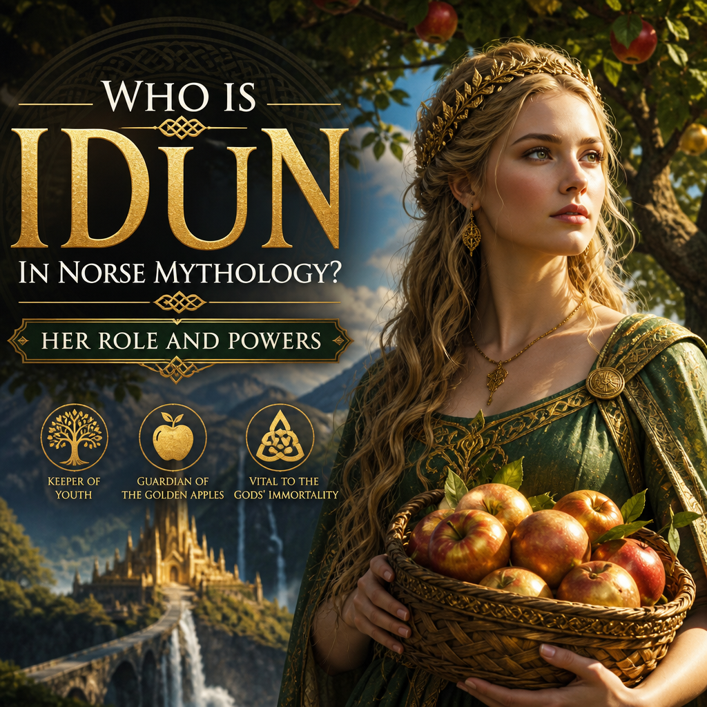 Idun in Norse mythology holding golden apples, symbolizing youth and renewal for the gods