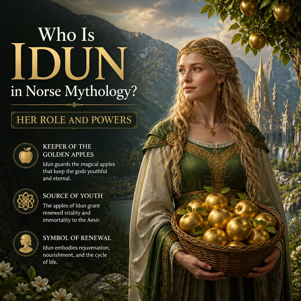 Idun in Norse mythology holding golden apples of youth, symbolizing renewal and vitality in Asgard