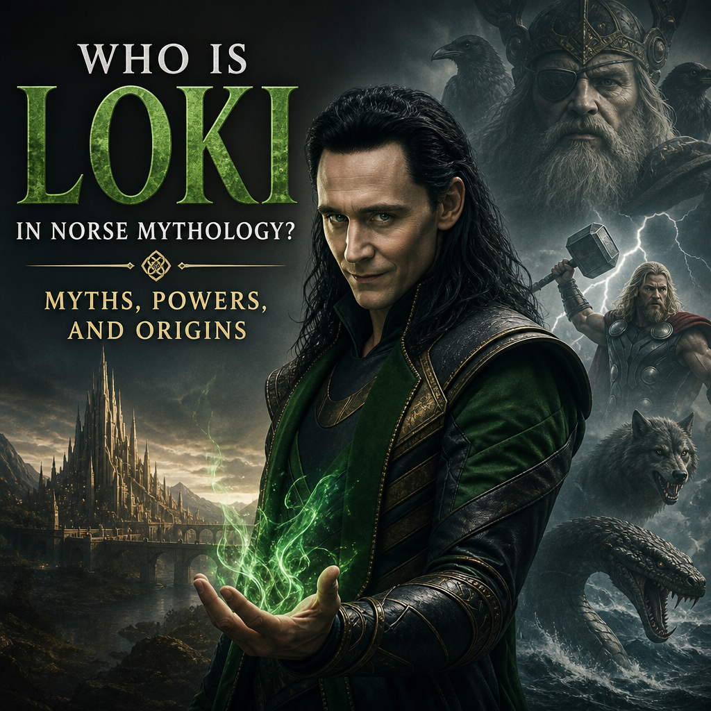 Loki in Norse mythology, the shapeshifting trickster, shown with myths, powers, and origins theme