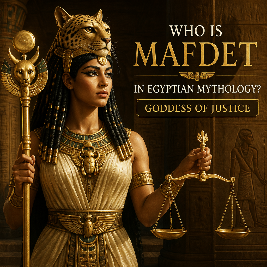 Mafdet in Egyptian mythology holding scales and a staff as the goddess of justice
