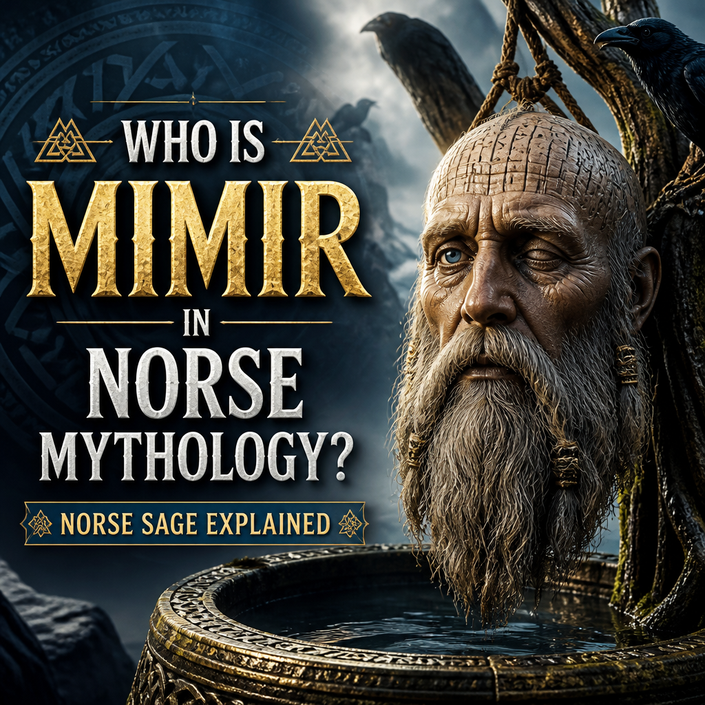 Mimir in Norse mythology, wise guardian of knowledge, shown with Norse symbols and explanatory text