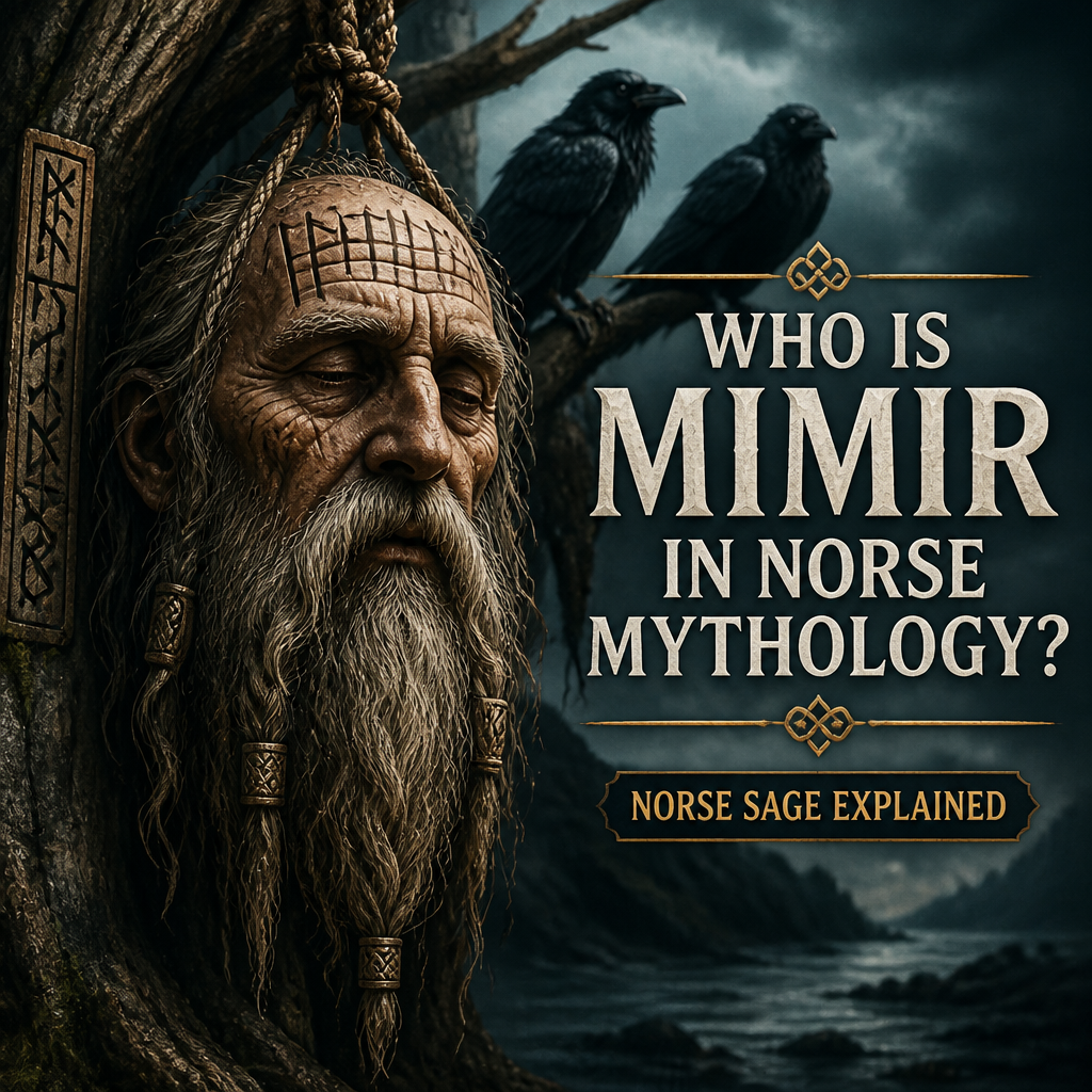 Mimir in Norse mythology, wise sage with ravens against a dark stormy sky