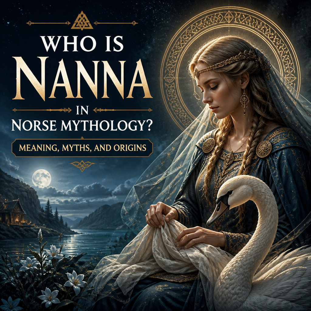 Nanna in Norse mythology beside a swan, symbolizing love, grief, and her myths as Baldr’s wife