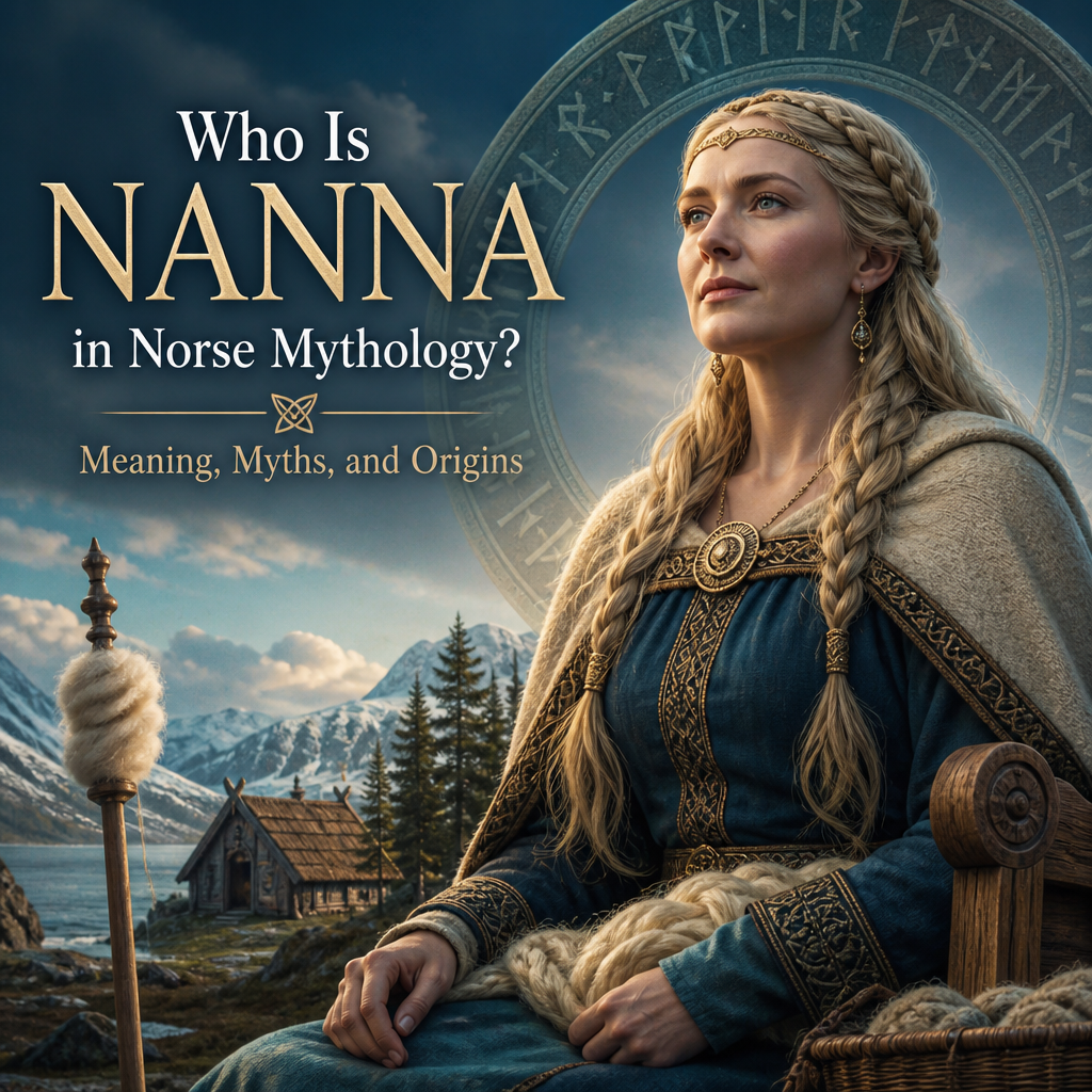 Illustration of Nanna in Norse mythology with text about her meaning, myths, and origins