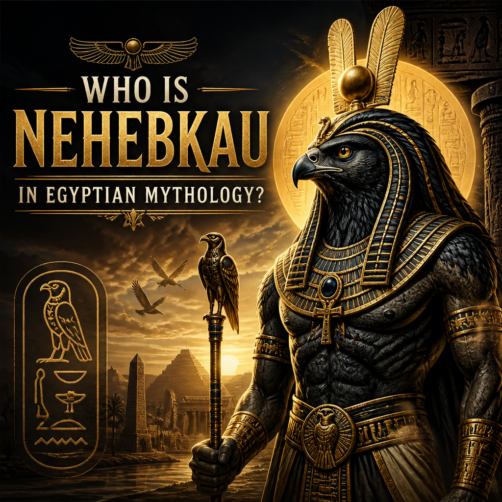 Nehebkau in Egyptian mythology, serpent god with pyramids and hieroglyphs in the background