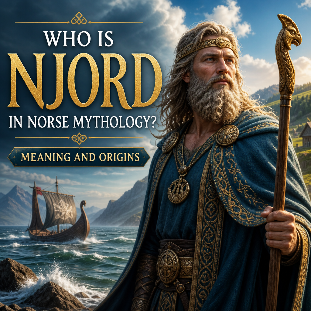 Njord in Norse mythology, god of sea and wind, standing by a Viking ship on a rugged coast