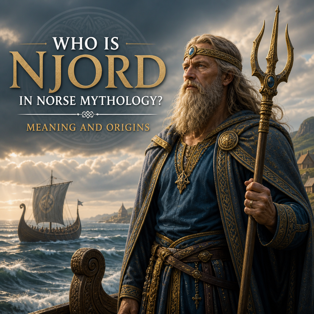 Njord in Norse mythology, god of the sea, with a Viking ship and coastal landscape in the background