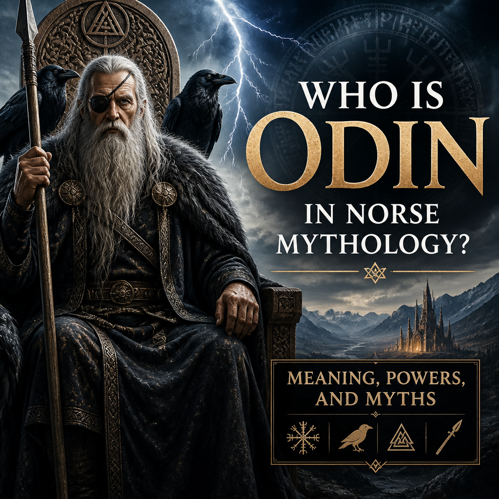 Odin in Norse mythology with ravens and lightning, symbolizing wisdom, war, magic, and myth