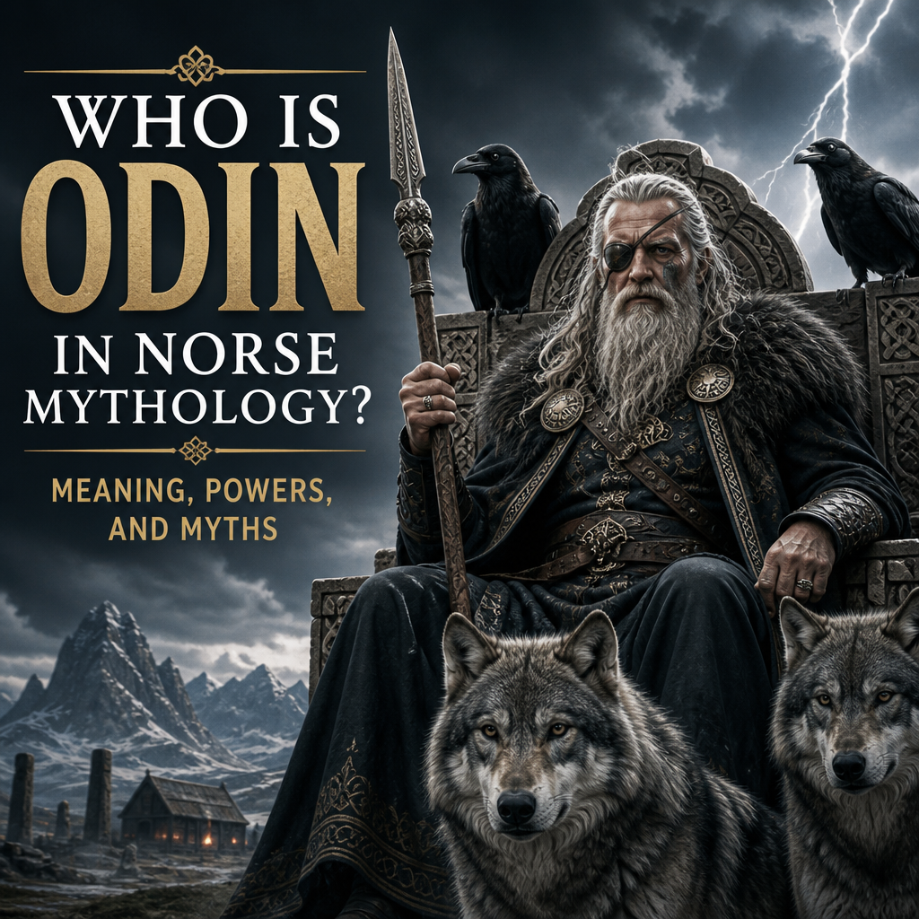 Odin in Norse mythology with wolves and ravens, symbolizing wisdom, war, magic, and myth