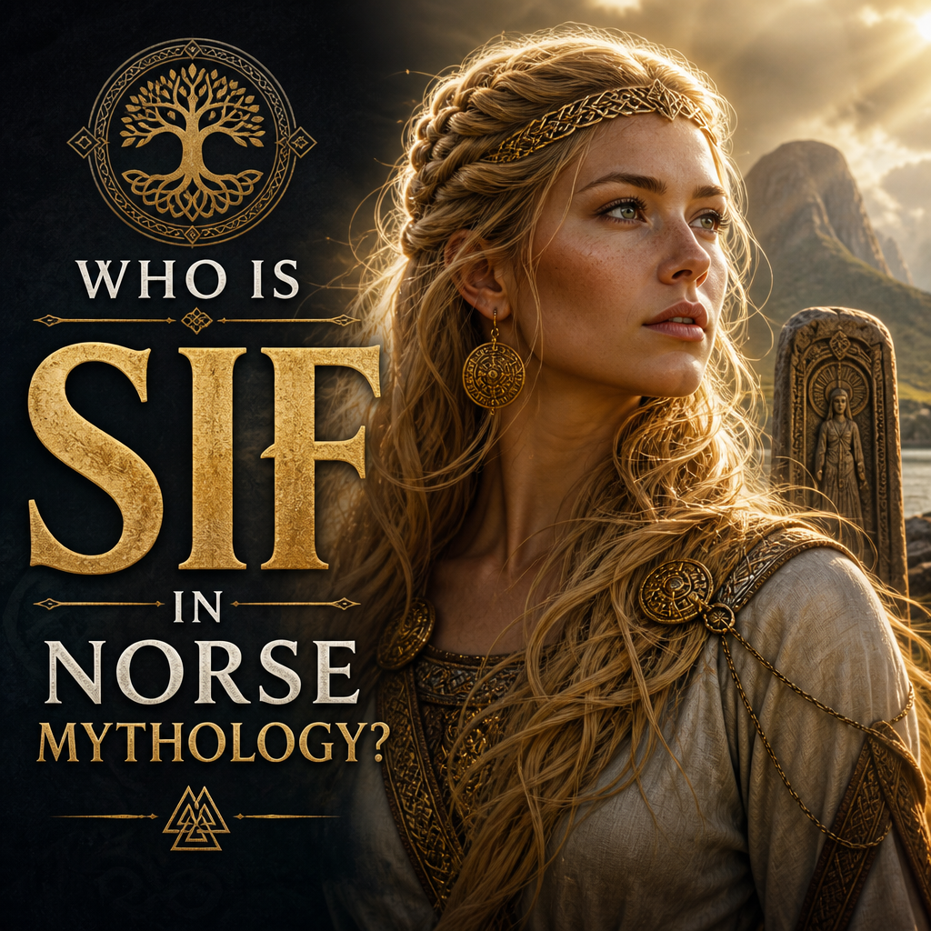 Portrait of Sif in Norse mythology with title text and a mythological background