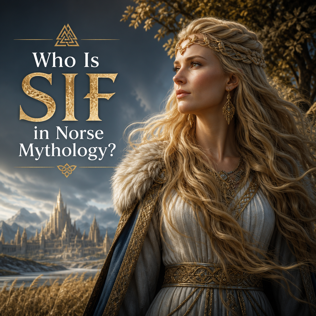 Sif in Norse mythology, golden-haired goddess, before a majestic ancient city