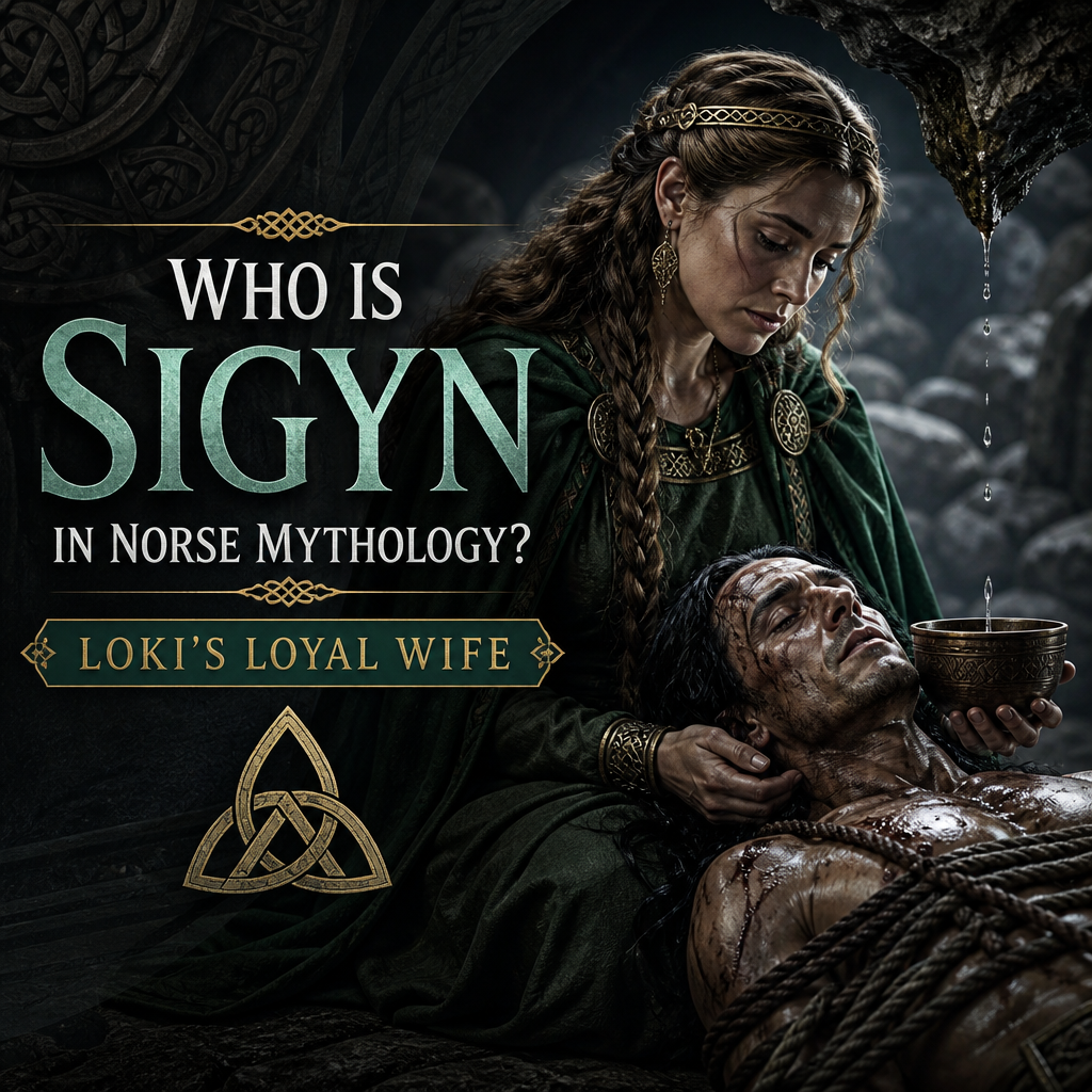 Sigyn in Norse mythology, Loki’s loyal wife, shown in a solemn Norse-inspired illustration