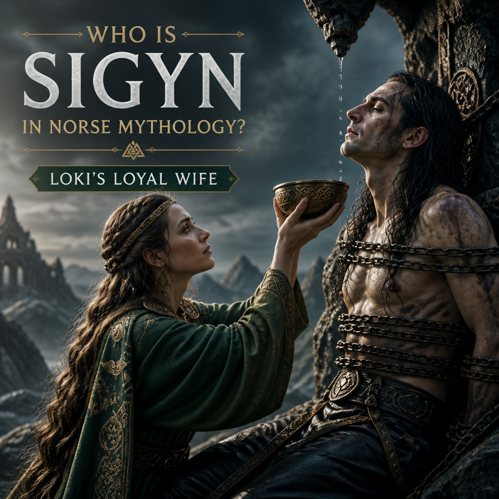 Sigyn in Norse mythology, depicted as Loki’s loyal wife in a dramatic mythic scene