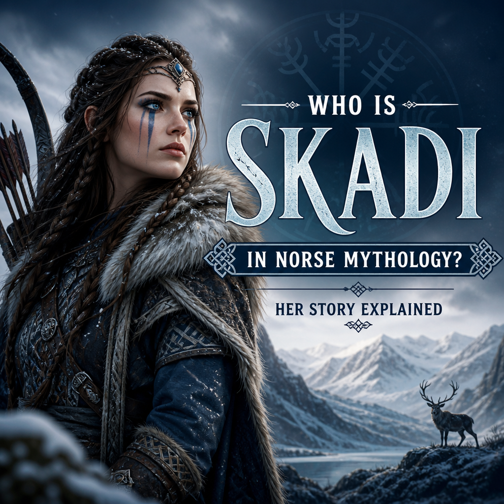 Skadi in Norse mythology as a fierce warrior woman in a snowy mountain landscape