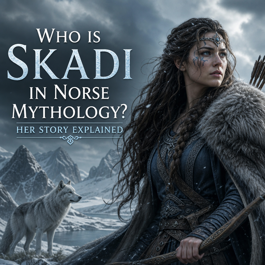 Skadi in Norse mythology with a wolf in a snowy mountain landscape.