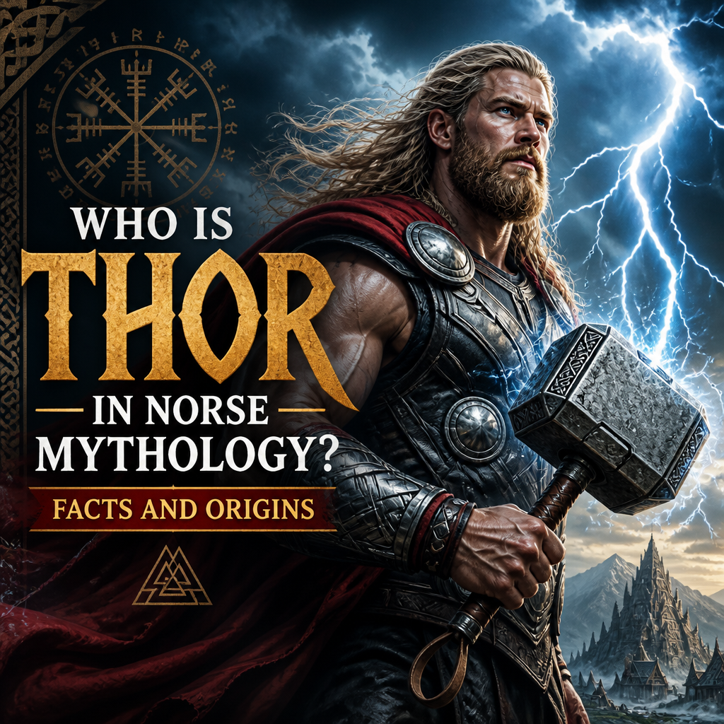 Thor in Norse mythology holding Mjölnir with lightning, facts and origins title text