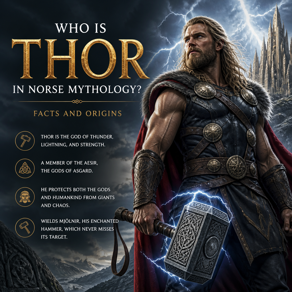 Thor in Norse mythology, thunder god with Mjölnir, lightning, strength, and Viking origins