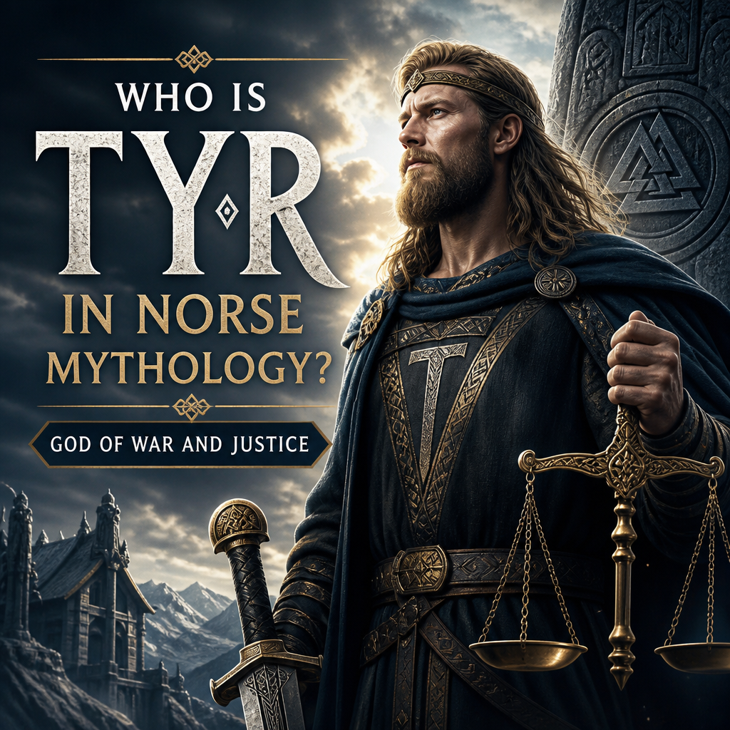 Tyr in Norse mythology holding scales, with Viking warriors and a Norse backdrop