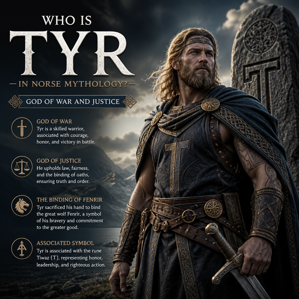 Tyr in Norse mythology, god of war and justice, stands bravely beside the bound wolf Fenrir.