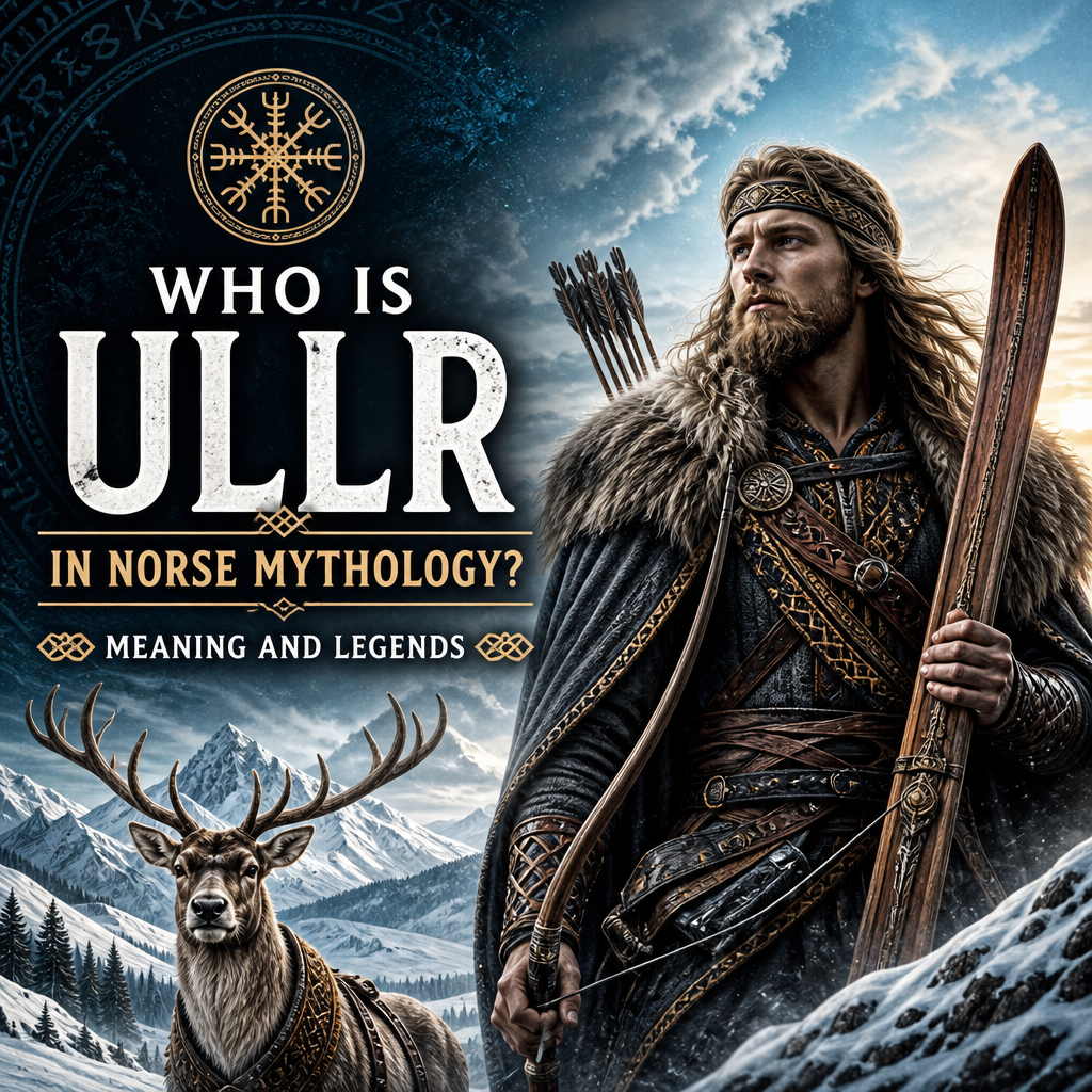 Ullr in Norse mythology with a deer before snowy mountains, symbolizing winter, hunting, skiing, and archery