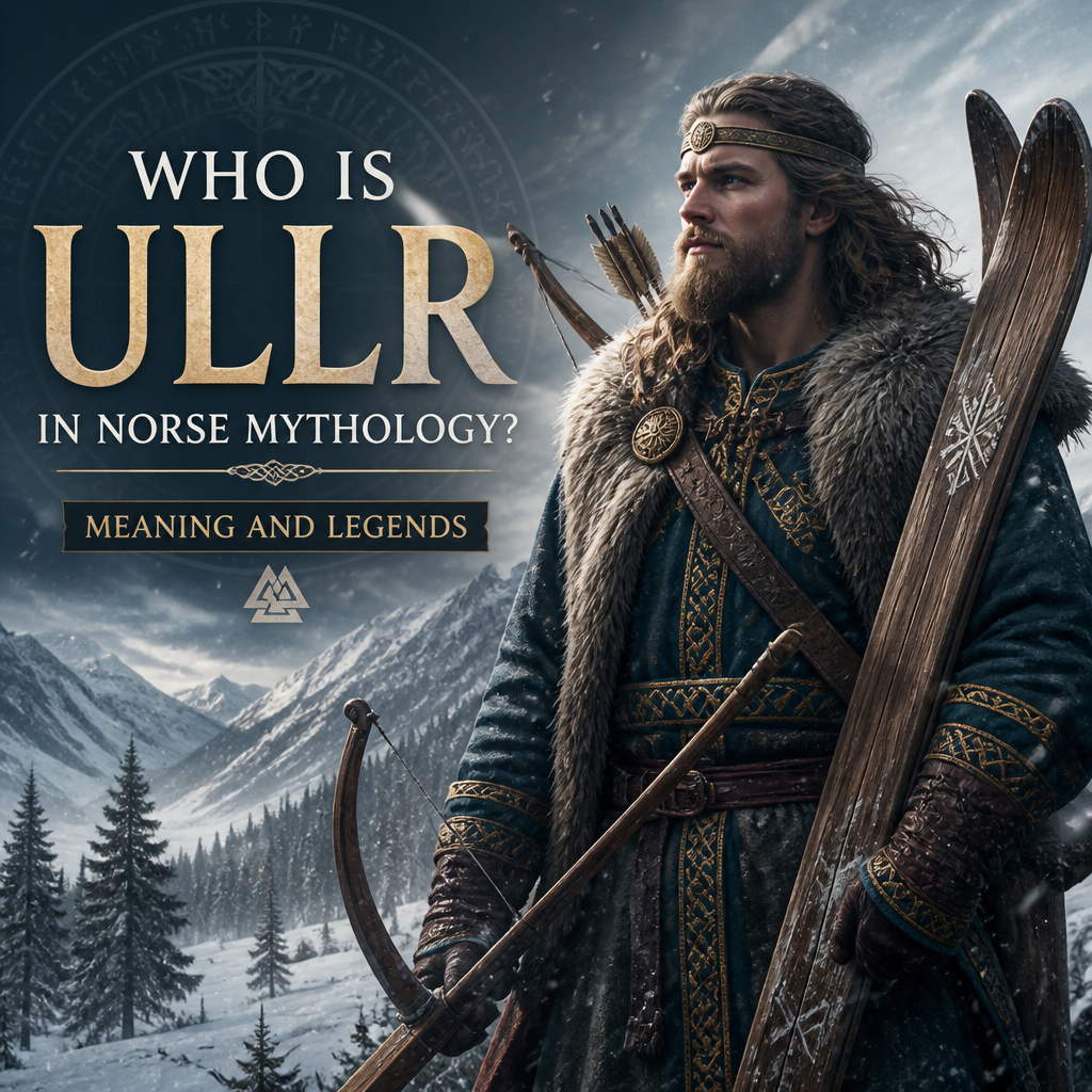 Ullr in Norse mythology with bow and skis in a snowy mountain landscape