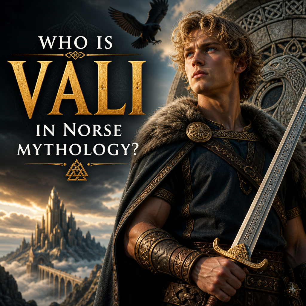 Vali in Norse mythology as a young warrior holding a sword, with a raven and Norse castle behind him